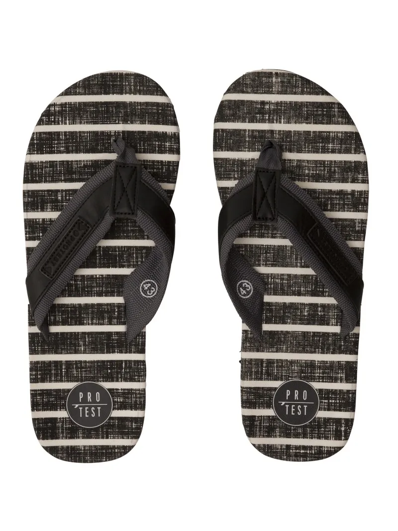 Two Protest Jaxson flip flops in black and white stripes, with gray straps and the Protest logo.