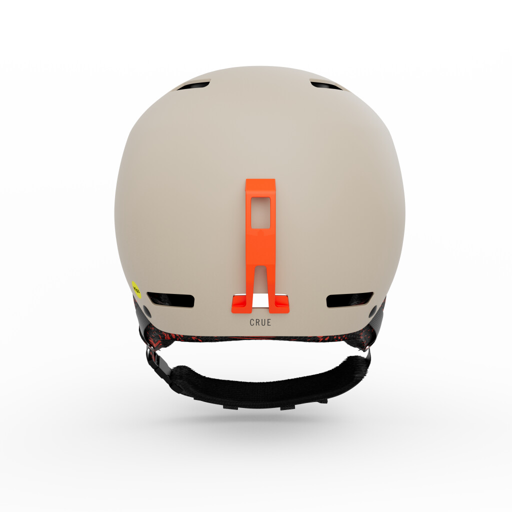 Vue arrière d'un casque beige avec des trous d'aération et un clip de lunettes orange portant l'inscription "CRUE".