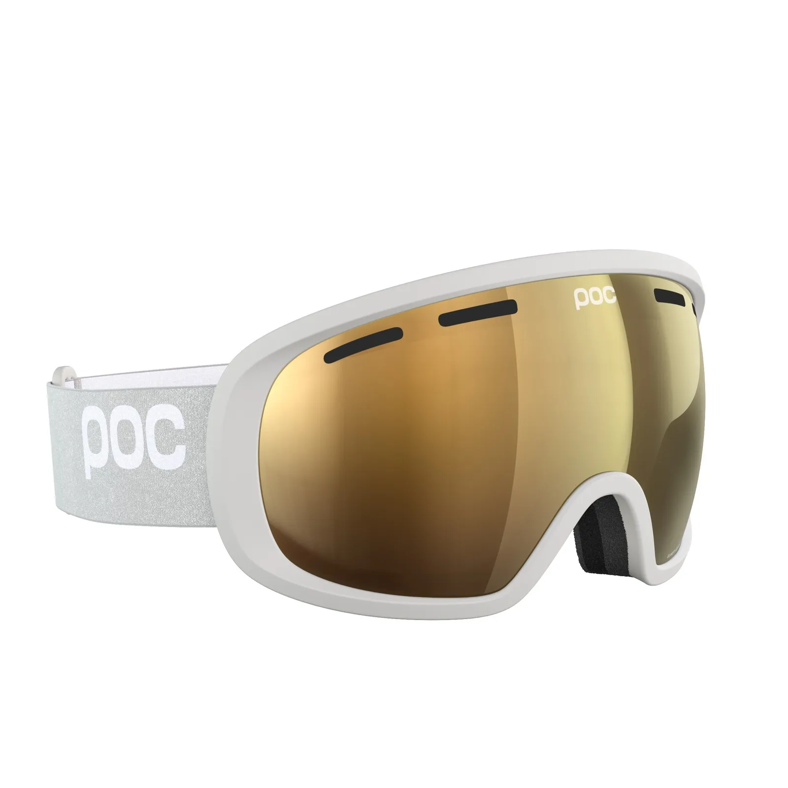 POC Fovea POW JJ ski goggles in Mineral Grey with Sunny Gold Orange lens from the front, strap with POC logo on the left.