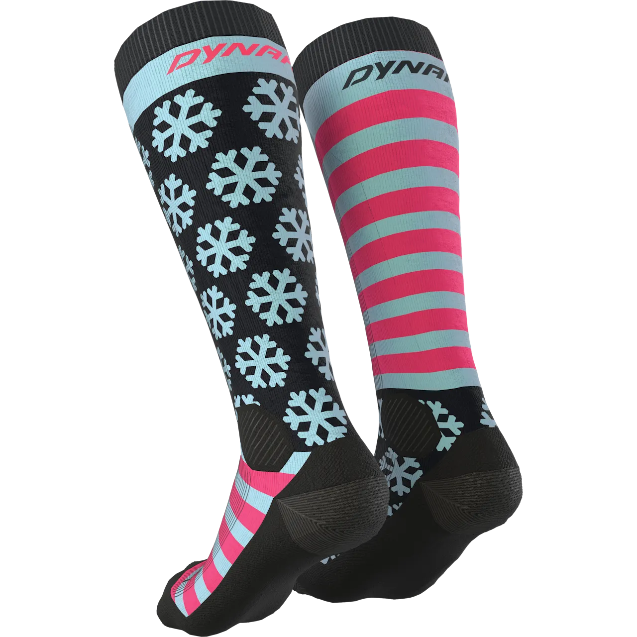 Two Dynafit FT Graphic socks: one with a snowflake pattern, the other with pink and light blue stripes.