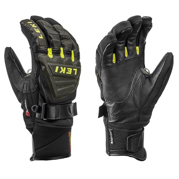 Deux gants de ski noirs Leki Race Coach, paumes tournées vers l'avant. Accents jaunes et logo de la marque sur le gant gauche.