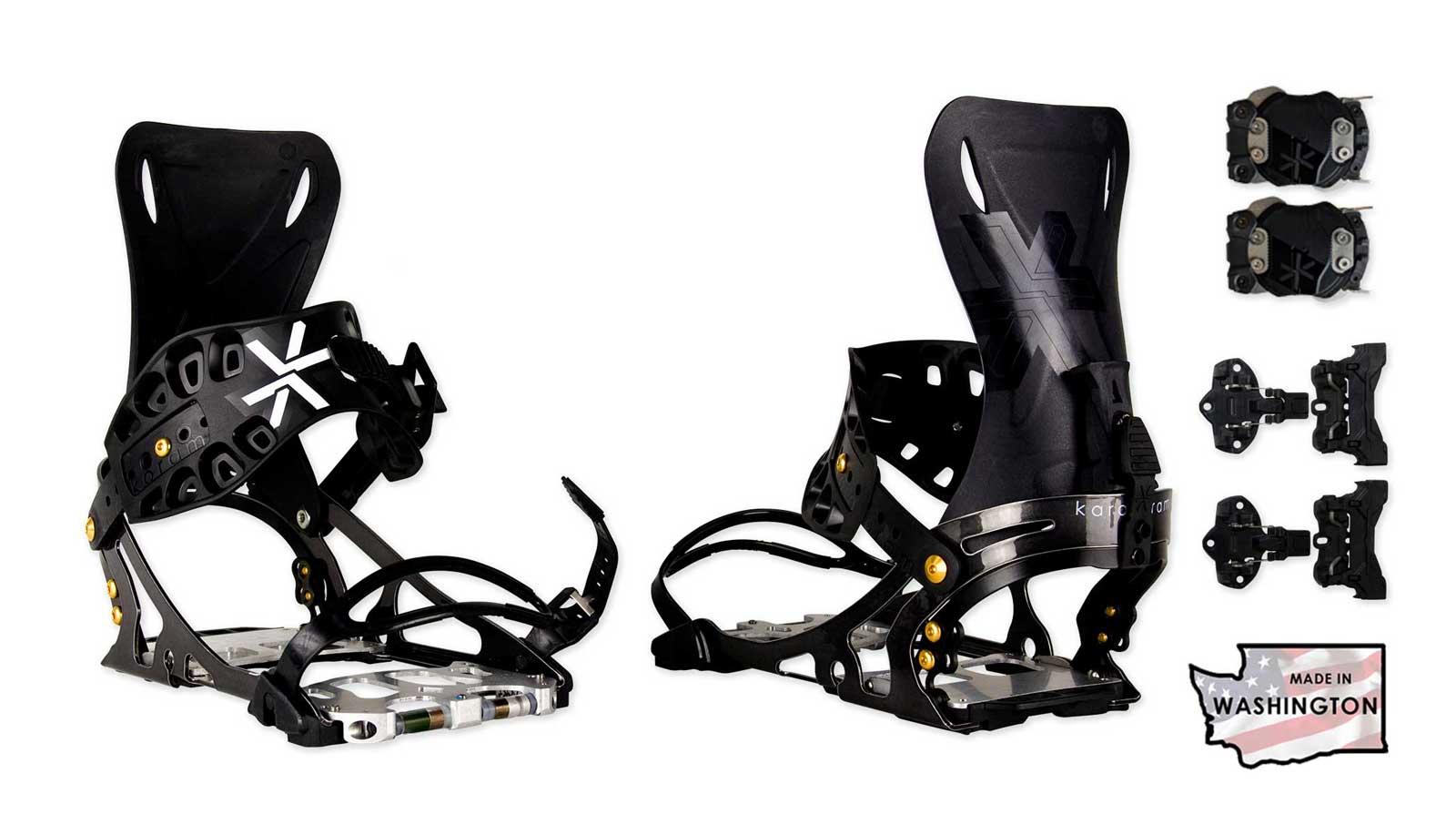 Zwei Karakoram Prime X Snowboardbindungen und Zubehör, mit Highback, Straps und Baseplate aus Aluminium und Kunststoff.