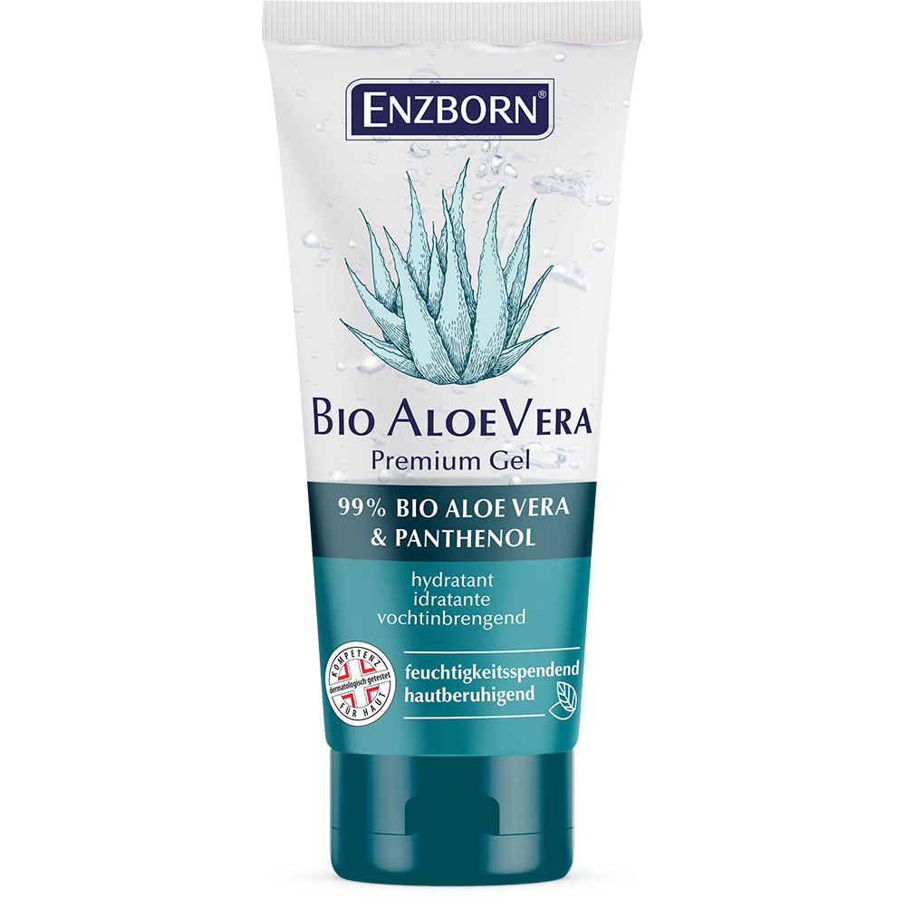 Eine Tube Enzborn Bio Aloe Vera Premium Gel mit Aloe Vera Pflanze und blauer Beschriftung auf weißem Hintergrund.