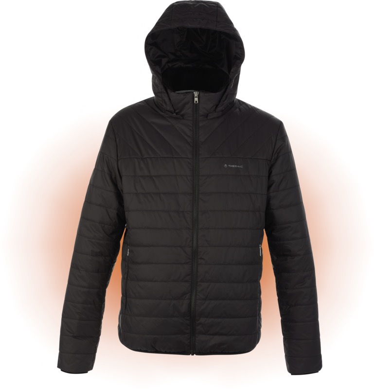 Schwarze Therm-ic Powerjacket Casual für Herren mit Kapuze und Reißverschluss, Frontalansicht.