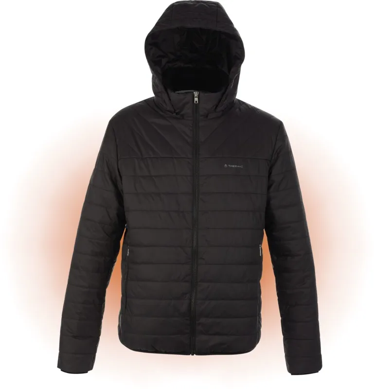 Schwarze Therm-ic Powerjacket Casual für Herren mit Kapuze und Reißverschluss, Frontalansicht.
