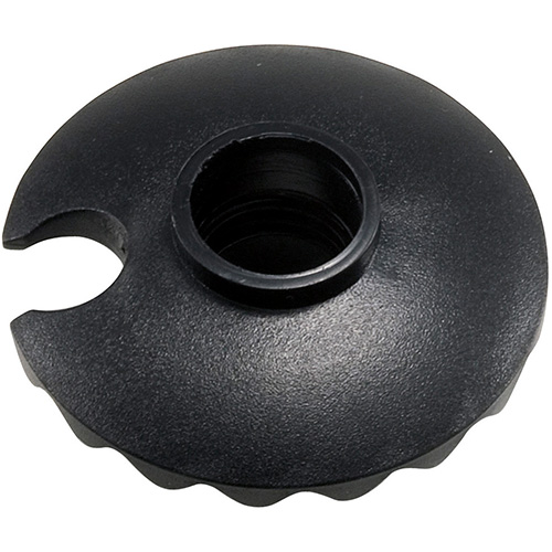 Assiette noire pour bâton de trekking, ronde avec ouverture centrale et fente latérale.