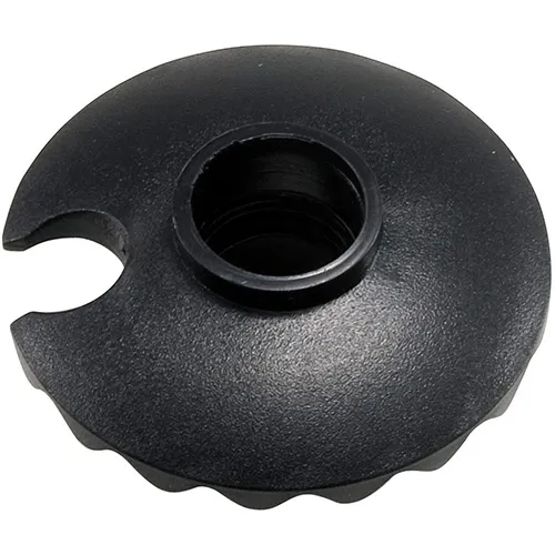 Assiette noire pour bâton de trekking, ronde avec ouverture centrale et fente latérale.