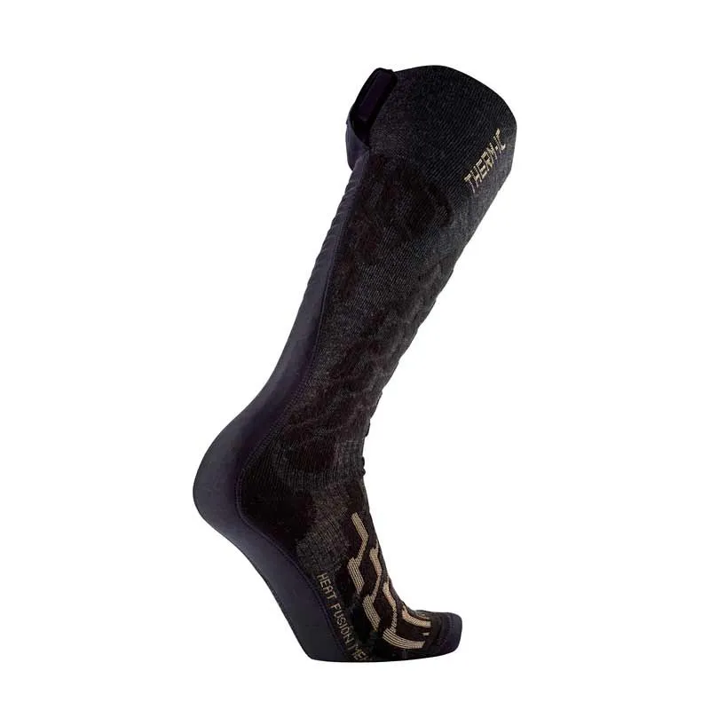 Eine schwarze, knielange Powersocks Heat Fusion Men Skisocke seitlich vor weißem Hintergrund.