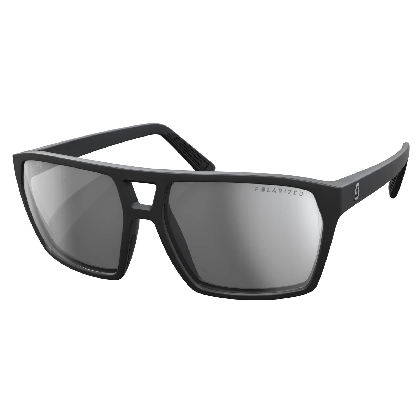Black, polarized SCOTT Tune sunglasses with silver lenses, slightly raised from the side.
