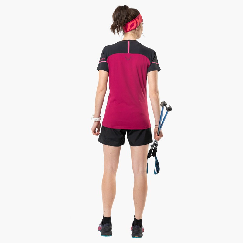 Rückansicht einer Frau mit Dynafit Alpine Pro Shirt in Black Out Beet Red und Wanderstöcken.