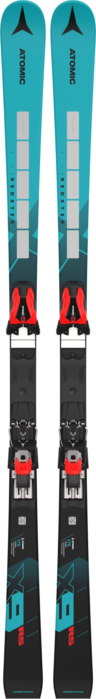 Ein Paar Atomic Redster S9 Ski, mit hellblauen und schwarzen Designs, schwarze Bindungen und rote Akzente.