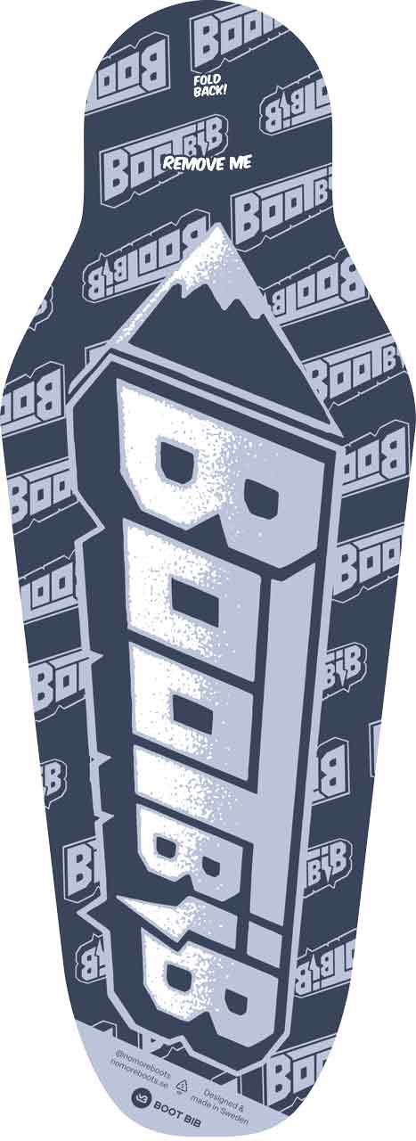 Boot-bib bleu avec l'inscription "Boot Bib" et un motif de montagne. Motif de logos "Boot Bib" en arrière-plan. Le produit vient de Suède.