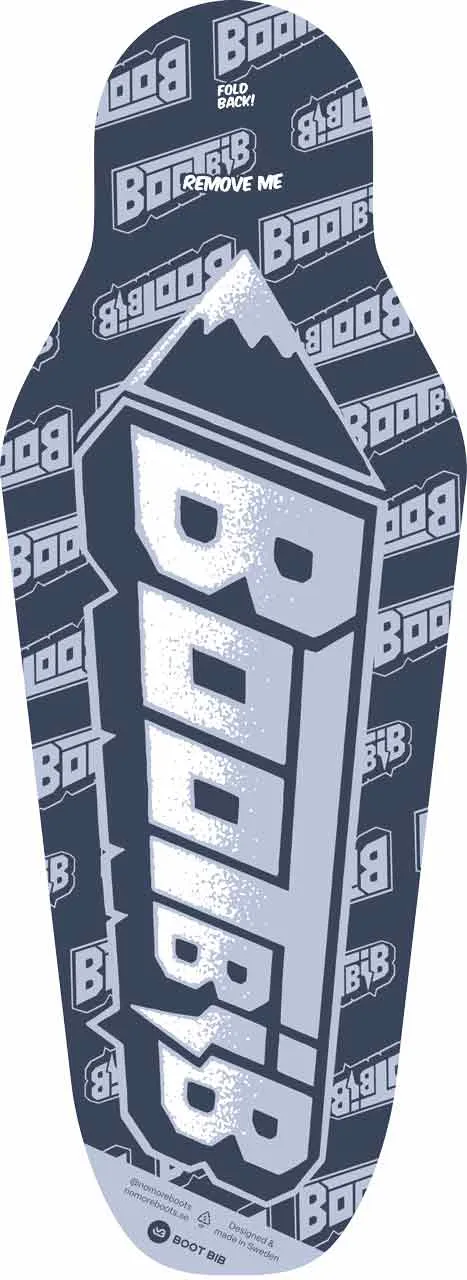 Blaue Boot-Bib Schablone mit Schriftzug, Schneeflocke und grafischen Elementen im Retro Design für Senior Skischuhe.