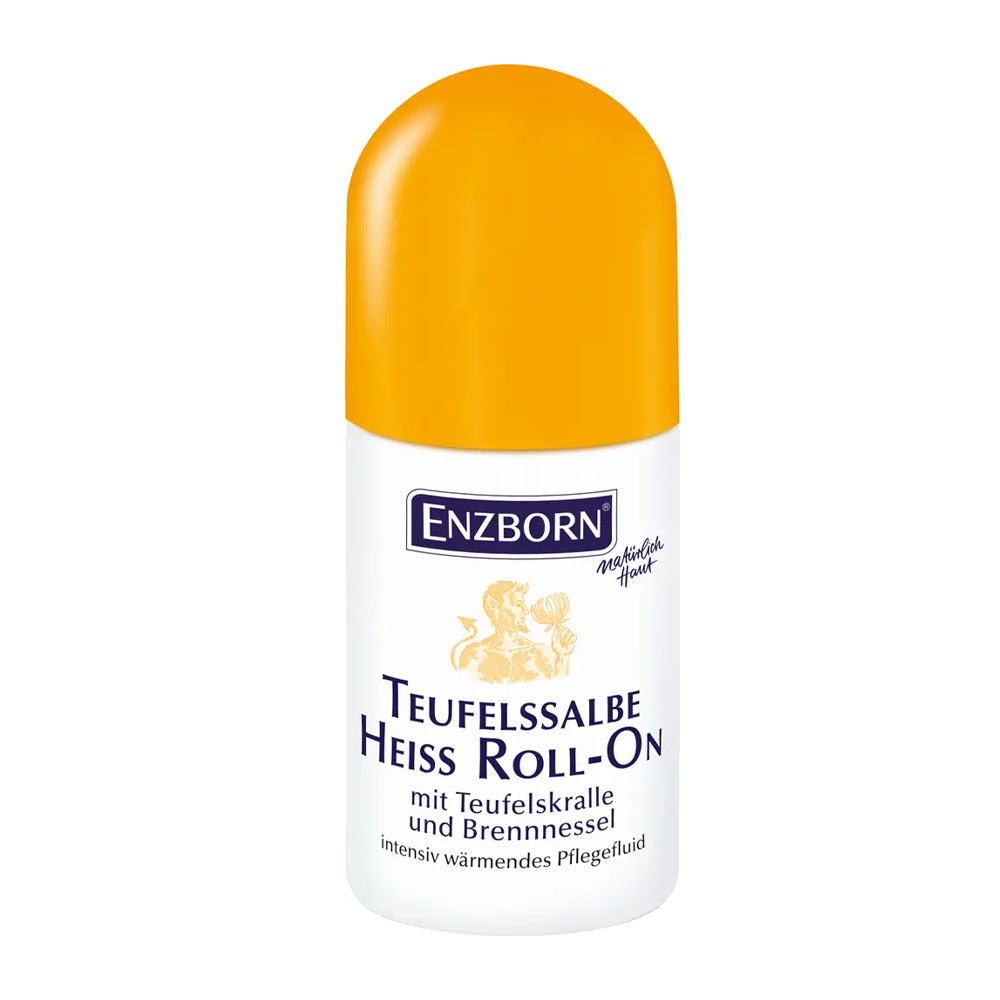 Weiße Roll-On Flasche "Teufelssalbe Heiss" mit gelbem Deckel. Text und Logo in dunkler Schrift.
