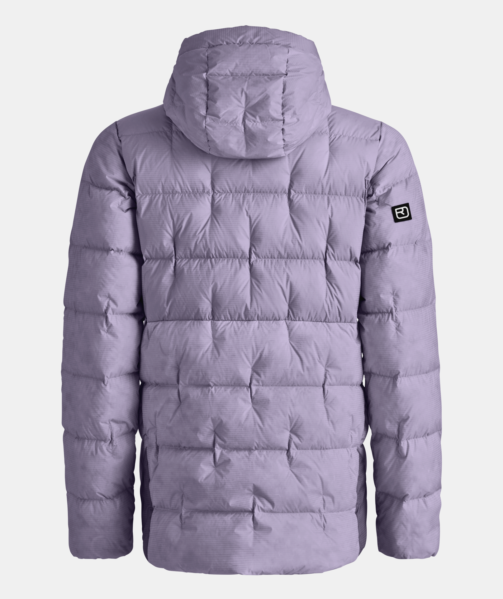 Lila Daunenjacke mit Kapuze, von hinten gesehen. Quadratische Steppung und Markenlogo am linken Ärmel.