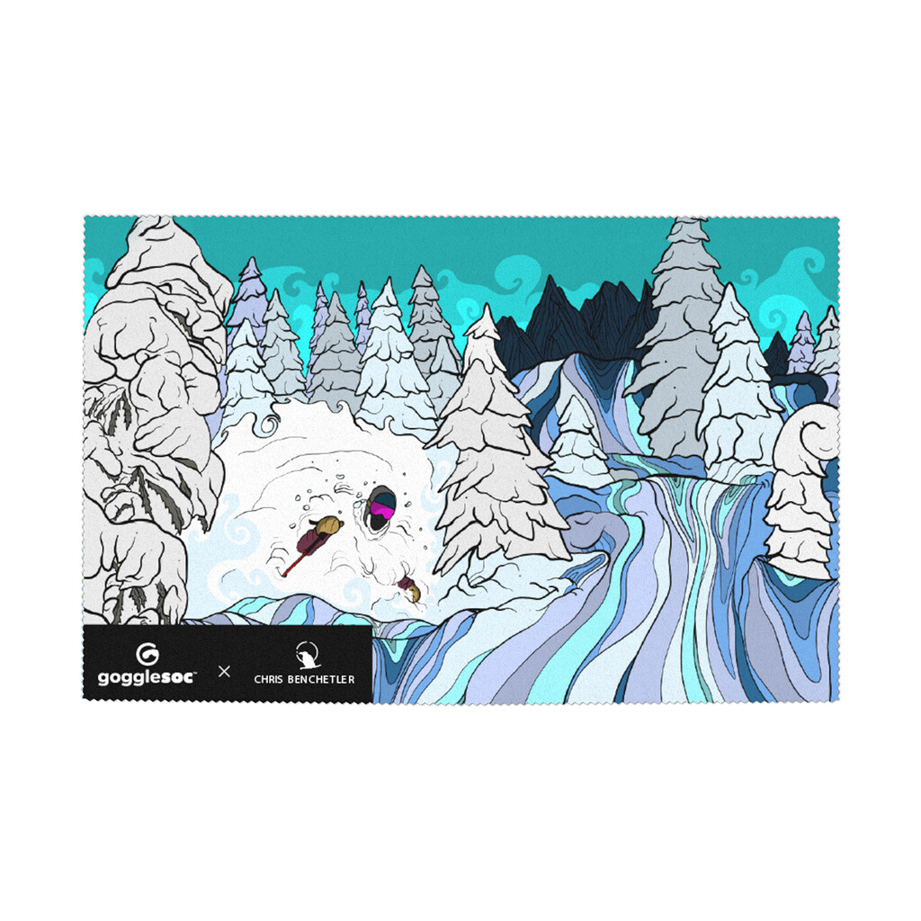 Brillenputztuch Swipeout mit Winterlandschaft, Bäumen, Bergen und Skifahrern im Comic-Stil.