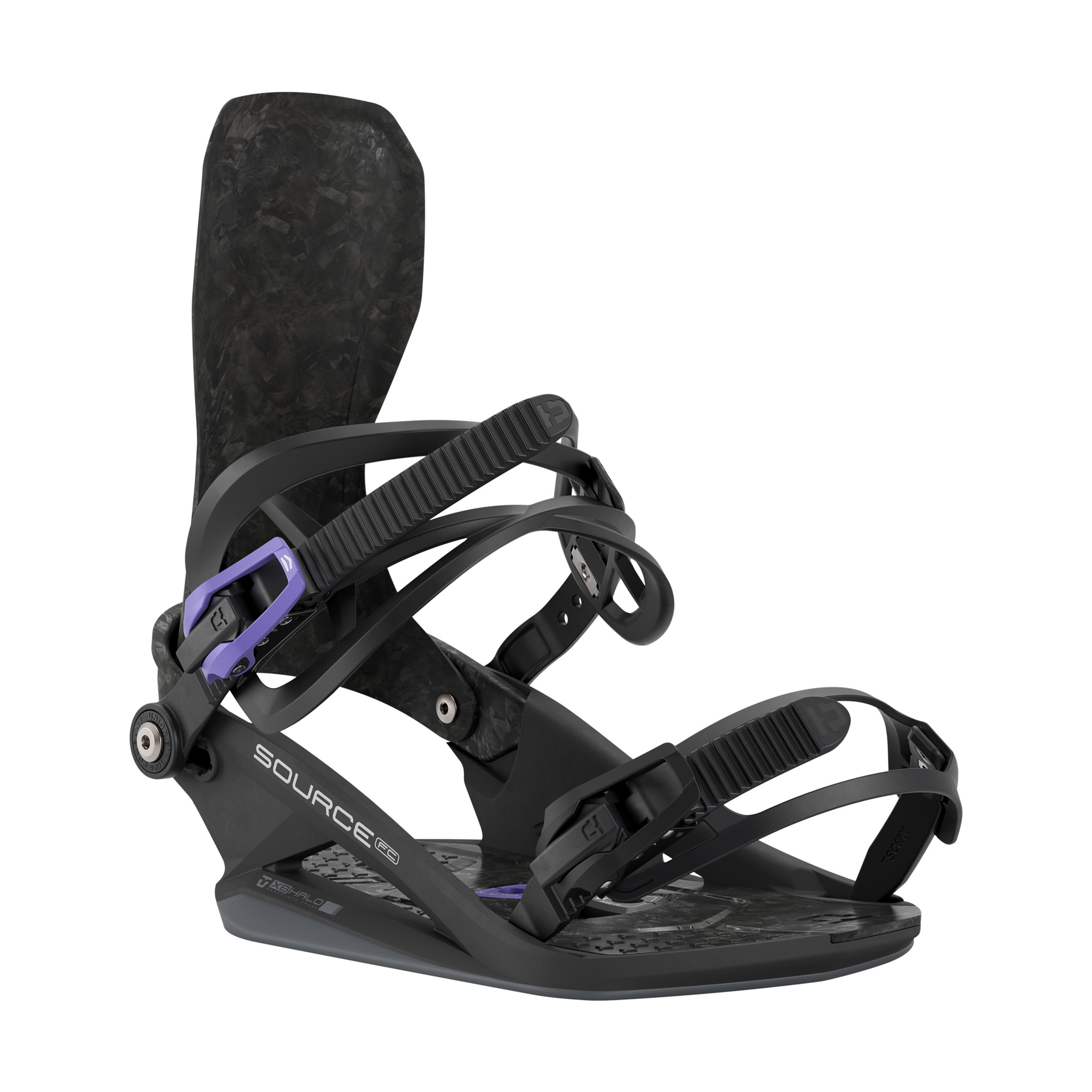 Black snowboard binding with purple accents, photographed from the side against a white background.