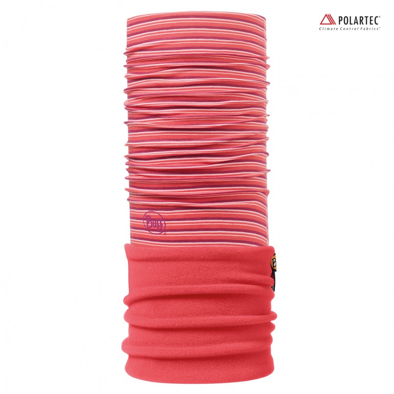 Tubular scarf: Striped, micro-fine polar Buff in shades of red, pink and white.