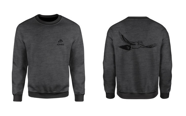 Graues Jones Surf Sweatshirt mit Logo vorn und Pelikan-Aufdruck hinten.