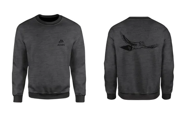 Gray Jones Surf sweatshirt with logo on the front and pelican print on the back.