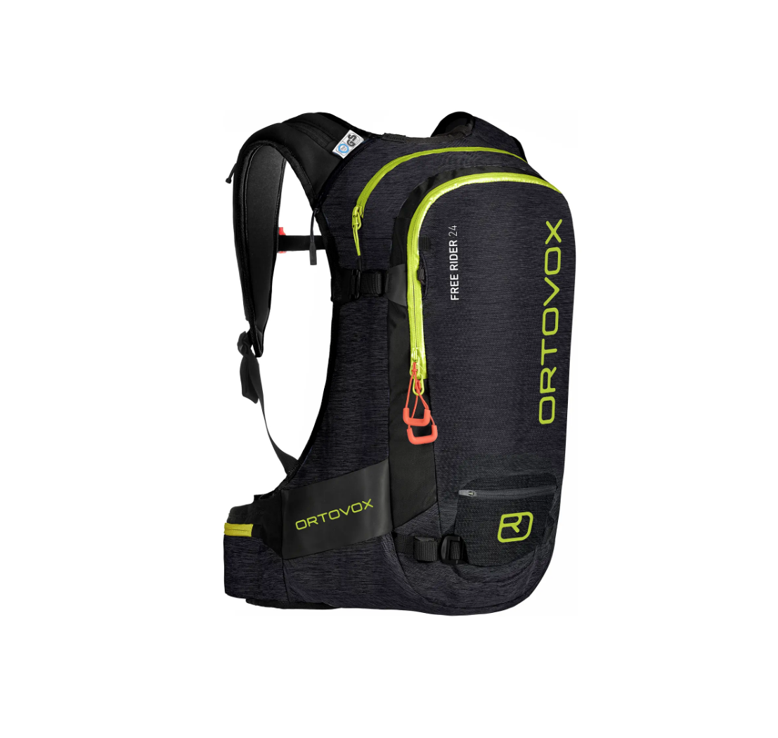 Schwarzer Ortovox Free Rider 24 Rucksack mit neon-gelben Akzenten und Logo.