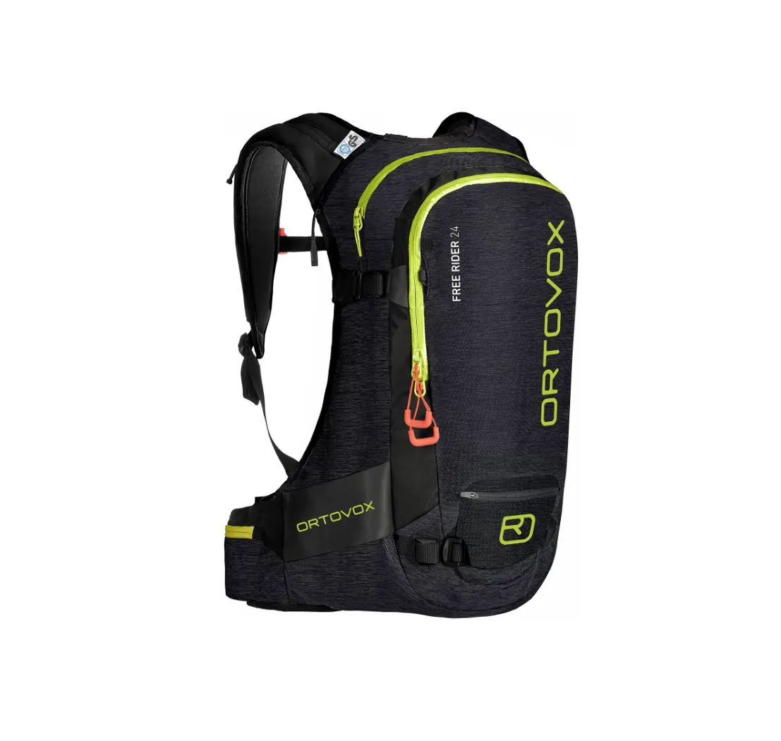 Schwarzer Ortovox Free Rider 24 Rucksack mit neon-gelben Akzenten und Logo.