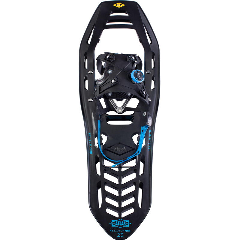 Schwarzer Schneeschuh "Atlas Helium MTN 23" mit blauen Akzenten und Bindung, gesehen von oben.