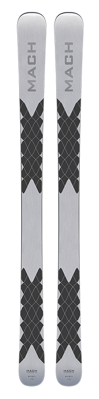 Zwei MACH SPIRIT Ski, von oben fotografiert, mit grauem Diamantenmuster und "MACH" Schriftzug.