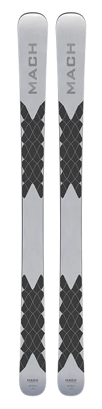 Two MACH SPIRIT skis, photographed from above, with gray diamond pattern and "MACH" lettering.