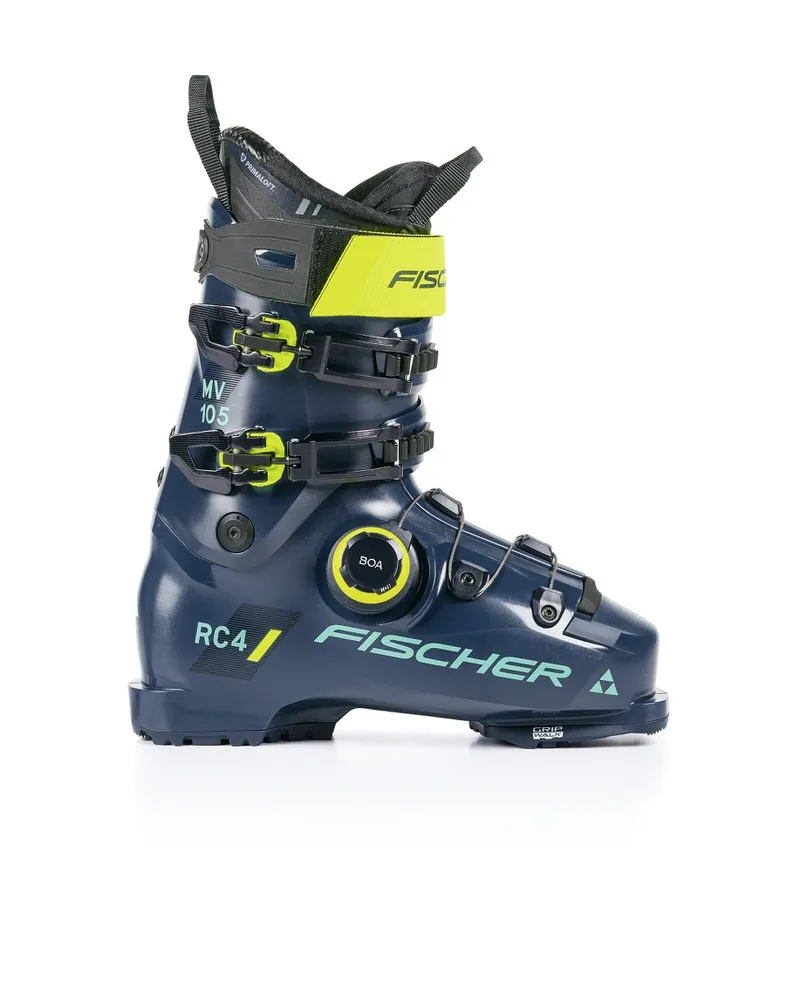 Scarpone da sci Fischer RC4 105 MV BOA blu scuro, vista laterale, quadrante BOA, accenti gialli.