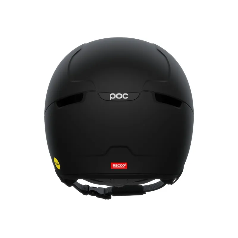 Schwarzer POC Obex Visor Skihelm von hinten, mit Lüftungsschlitzen, MIPS Aufkleber und RECCO Reflektor.