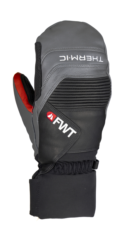Fäustlinge für Freeride Grau-schwarzer Freeride Fäustling mit FWT Logo und Therm-ic Schriftzug. Details in Rot. Robustes Design.