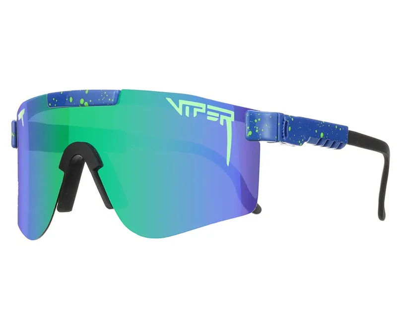 Occhiali da sole Pit Viper blu "The Leonardo Polarized Double Wide" con lenti specchiate verde-blu e accenti colorati.