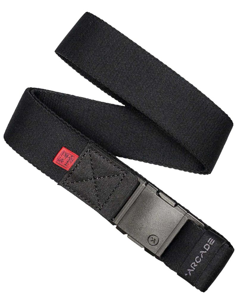 Ceinture Jimmy Chin noire Ceinture noire Arcade Ridge Jimmy Chin avec boucle grise, structure du tissu visible.