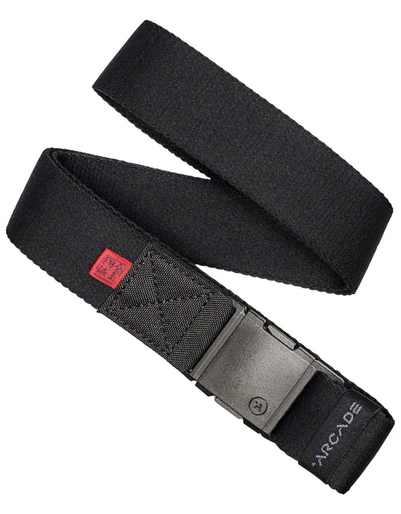 Black Arcade Ridge Jimmy Chin belt with gray buckle, fabric structure visible.