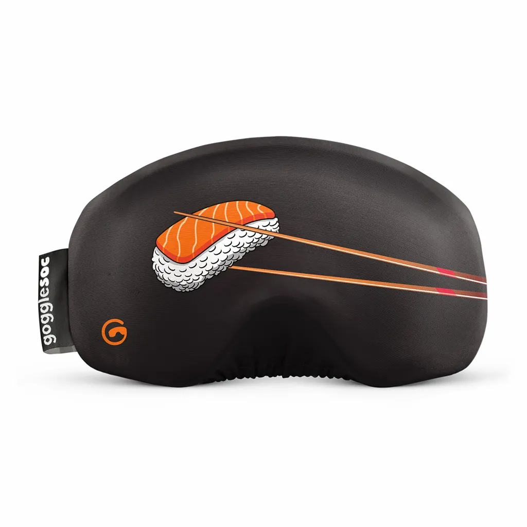 Black protective ski goggle cover with sushi motif and chopsticks.