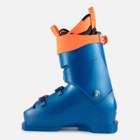 Blauer Lange Skischuh Blauer Lange RS 130 LV Skischuh, Seitenansicht, orangefarbener Innenschuh und Schnallen.