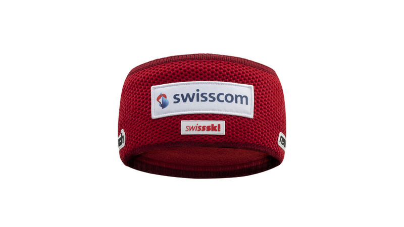 Rotes Reusch Swiss-Ski Team Stirnband mit Swisscom und SwissSki Logo.