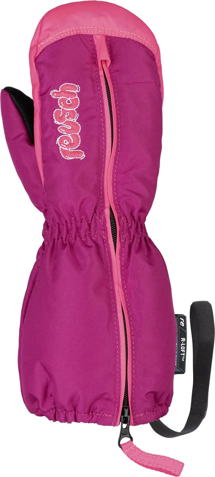 Detailansicht vom Reusch Tom Mitten Fuchs Purple Kinderhandschuh mit Reißverschluss und rosa Logo.