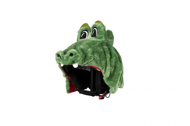 Krokodil Skihelm-Überzug Ein grüner Skihelm-Überzug in Krokodil-Form, mit Augen, Zähnen und Schuppen.
