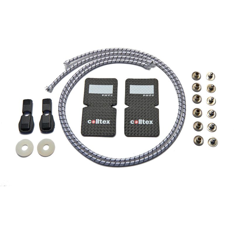 Colltex Racefix Montageset: Elastikkordel, Stopper, Unterlegscheiben und Nieten.