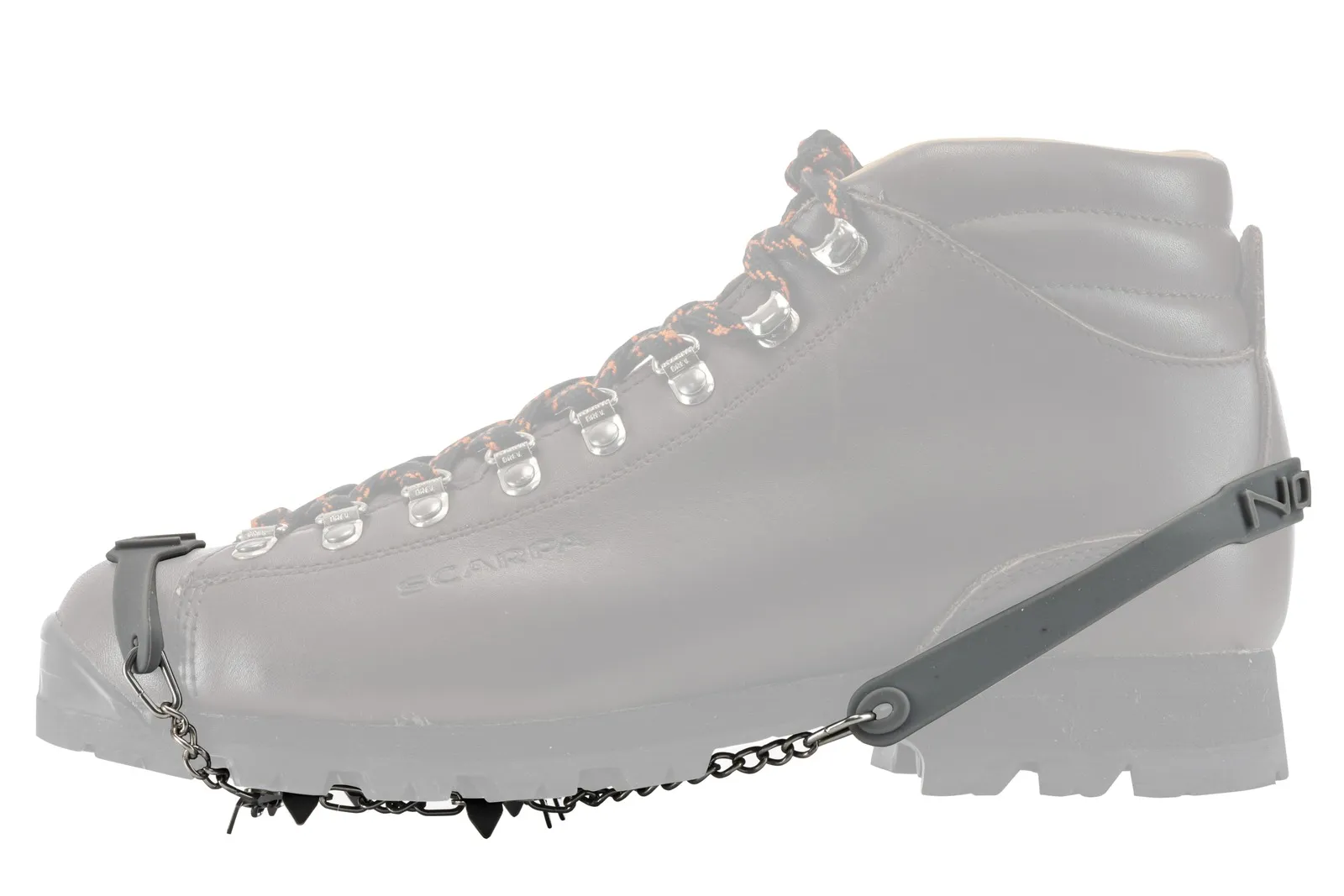 Shoe claw Nortec Easy attached to the hiking boot. 8 steel spikes under the shoe sole for a secure hold. Quick Fit fastening system.
