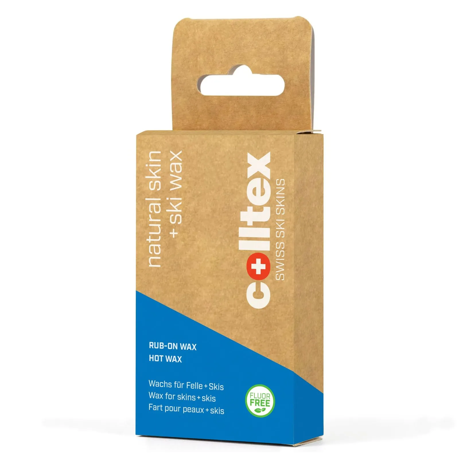 Verpackung für Skiwachs der Marke Colltex, mit blauem Farbakzent und Hinweis auf "Fluor Free".