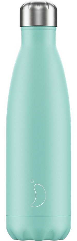 Pastellgrüne Chillys Trinkflasche mit silbernem Deckel und Logo im unteren Bereich.