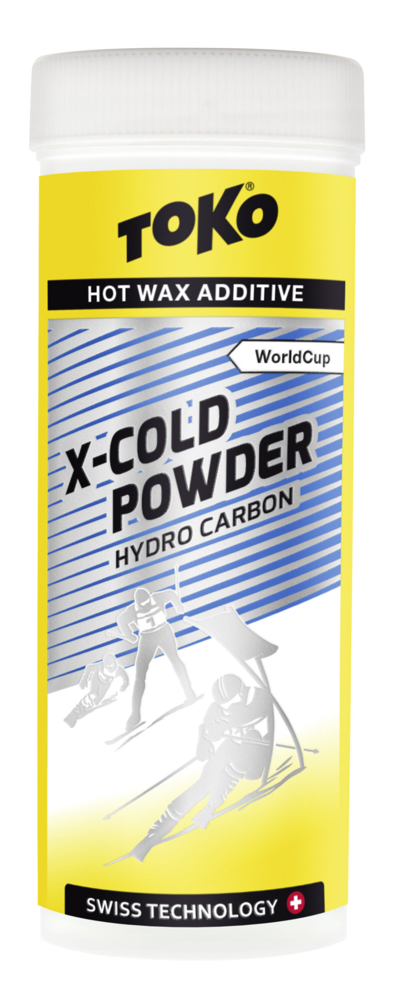 Gelbe Dose Toko X-Cold Powder Hydro Carbon mit Skifahrer Illustration.