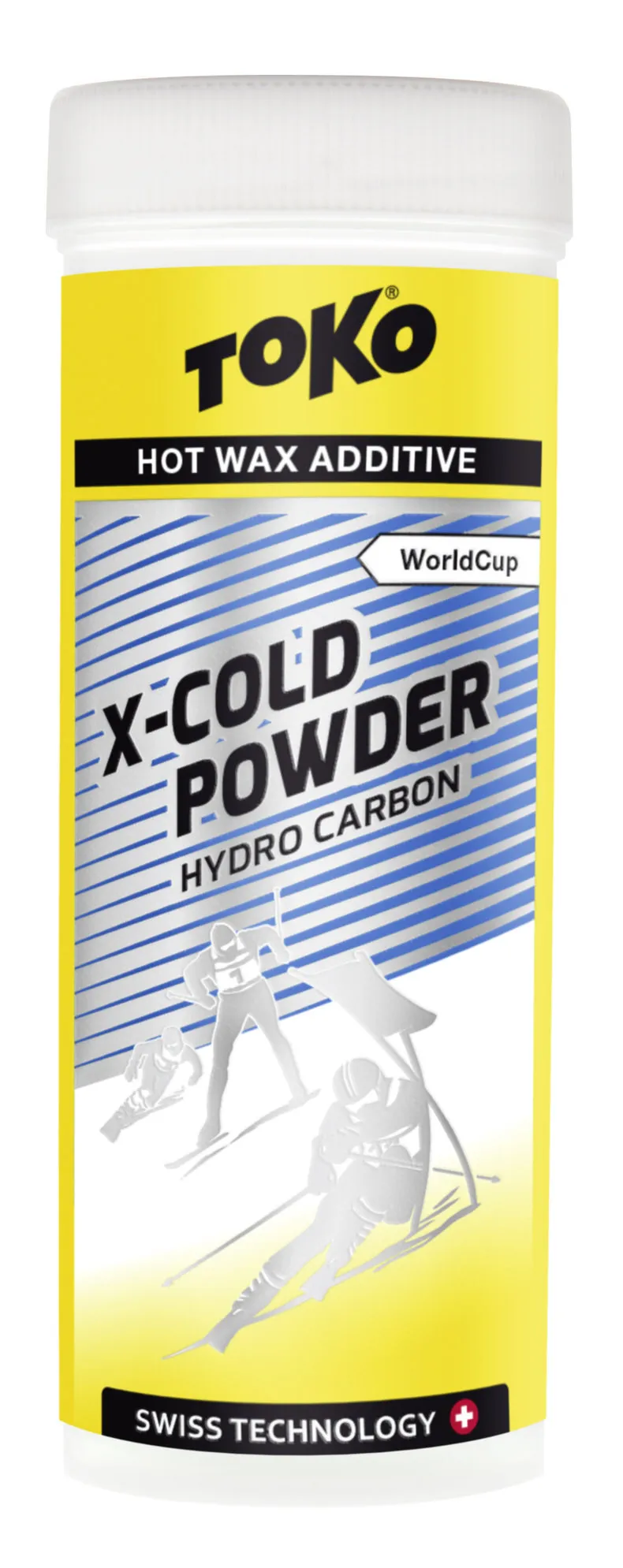 Gelbe Dose Toko X-Cold Powder Hydro Carbon mit Skifahrer Illustration.