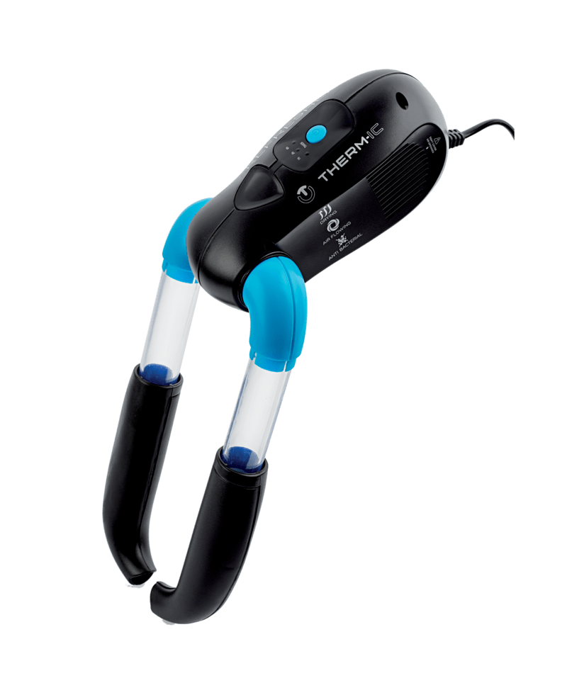 Asciugascarpe con luce UV Asciugascarpe rinfrescante termico con luce UV. Il dispositivo è nero con tubi e terminali blu. La funzione timer e il cavo sono visibili.
