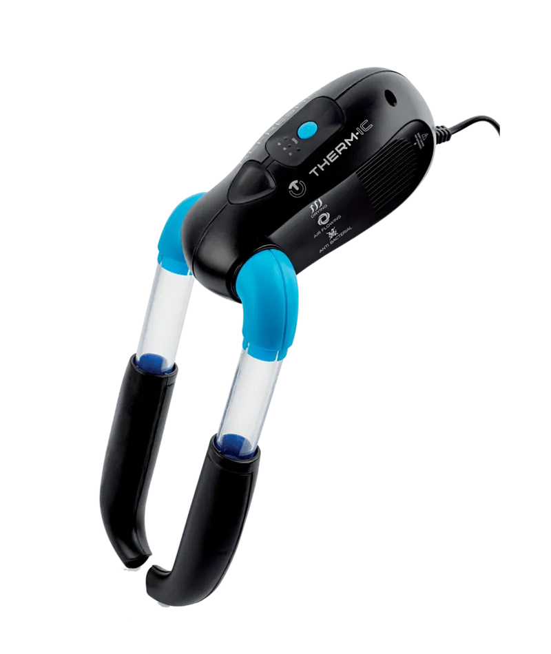 Shoe dryer Thermic Refresher with UV light. The device is black with blue tubes and end pieces. Timer function and cable are visible.