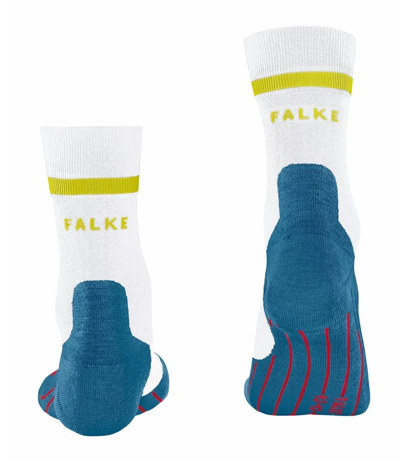 Two white RU4 men's running socks with yellow stripes and "FALKE" lettering. The heel is blue with red stripes.