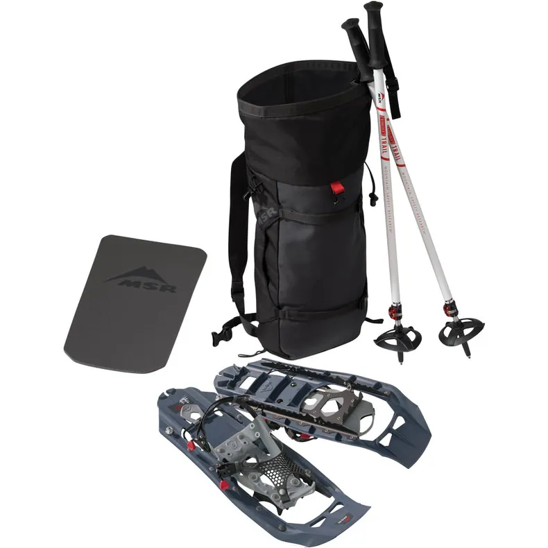 Snowshoe kit: MSR Evo Trail snowshoes, hiking poles, carrying bag and seat cushion for winter adventures.